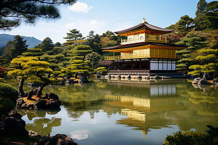 池塘中央的建筑背景图片