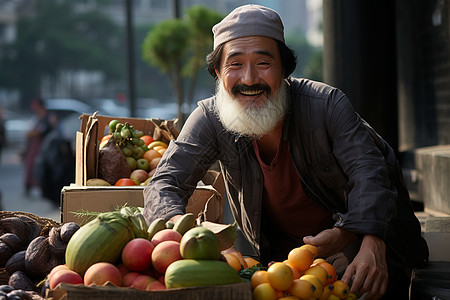 街边水果摊上的中年男子背景图片