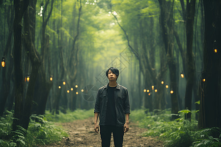 男人站在树林之间图片