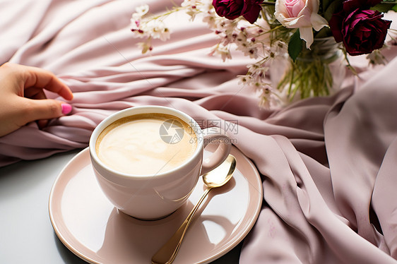 粉色桌布上的咖啡图片