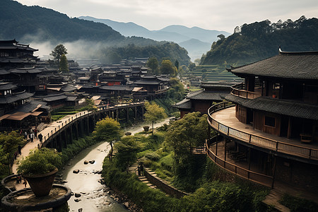 山水环抱的土楼背景图片