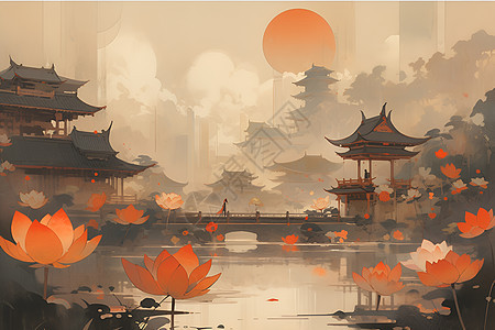 中国风花园场景背景图片