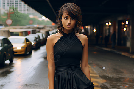 街头穿着黑色裙子的女孩背景图片