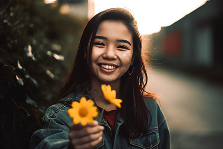 少女手握黄色花朵图片