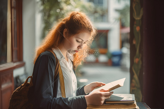 女人在阳光下阅读图片