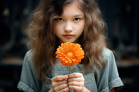 少女手握橙色非洲菊图片
