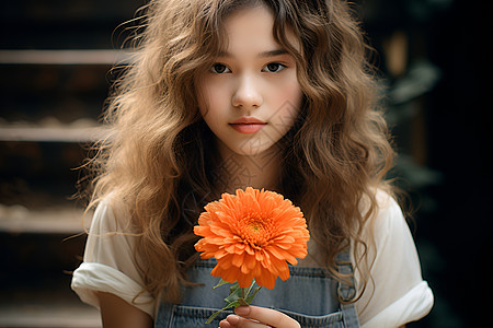 少女持有橙色非洲菊背景图片