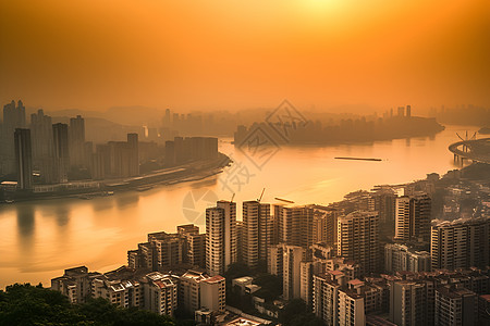 夕阳下的江边城市背景图片