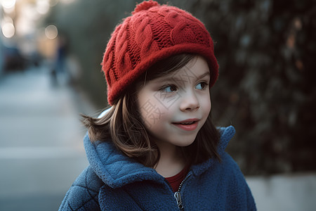 小女孩戴着红色针织帽图片
