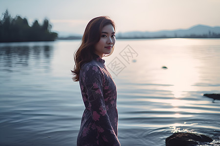 一位女人站在湖边背景图片
