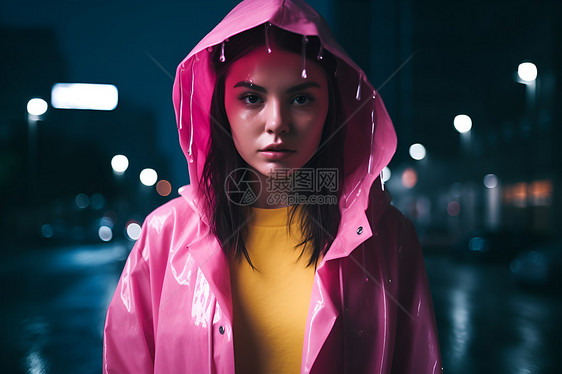 粉色雨衣的女子图片
