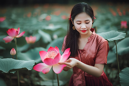 女子握着粉红荷花图片