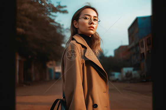 街道中穿着大衣的女士图片