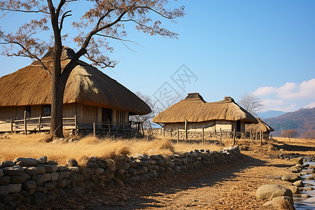 乡村小屋与河流图片