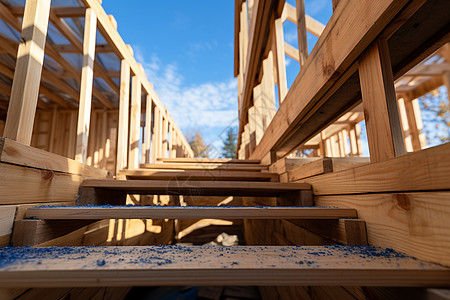 蓝天下的木制楼梯图片