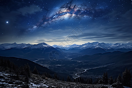 银河映照雪山的夜景背景图片