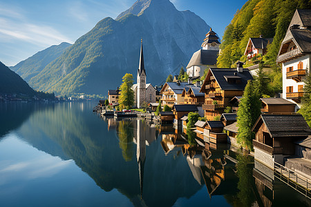 山中风景湖畔的山中村落背景