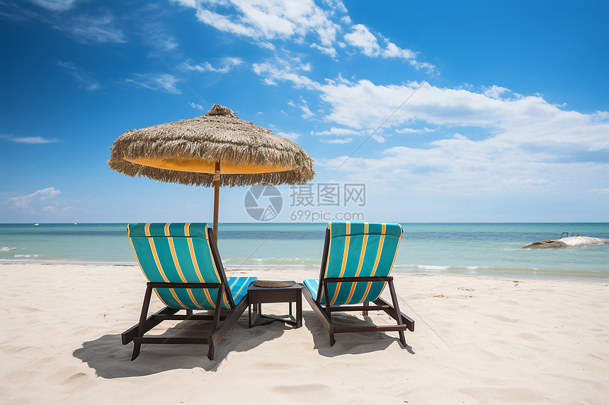 两把椅子在沙滩上图片