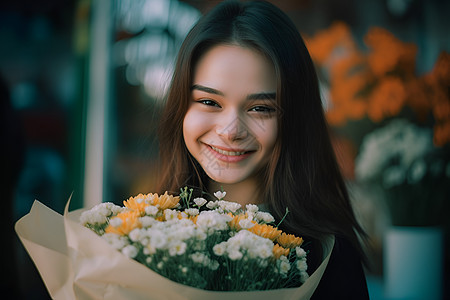 拿着花束欢乐的女孩图片