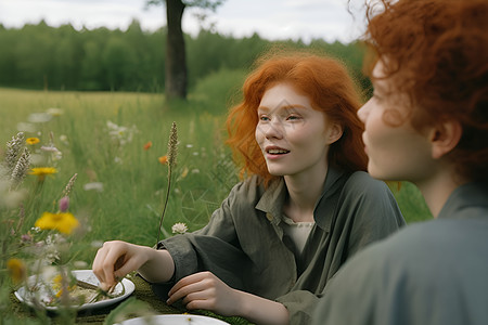 红发女子在草地上坐着背景图片