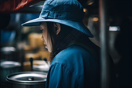 戴着蓝色帽子的女人图片