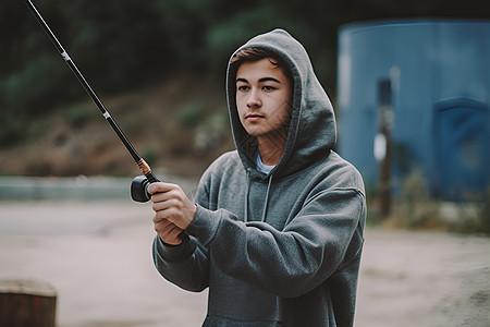 拿着鱼杆的英俊男性图片