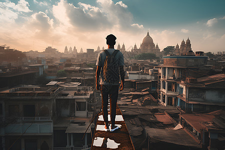男人站在城市楼顶图片