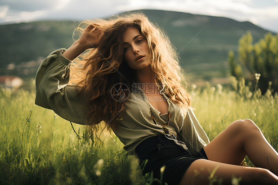 坐在草地上的女人图片