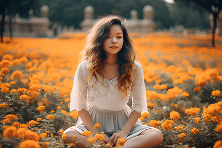 花海中的青年女子图片