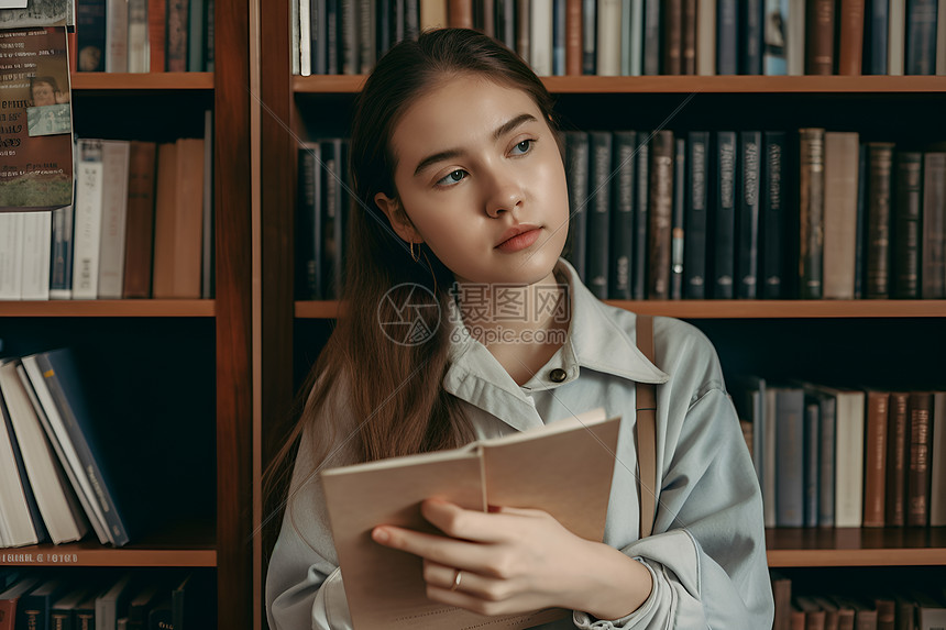 书架旁的女子图片