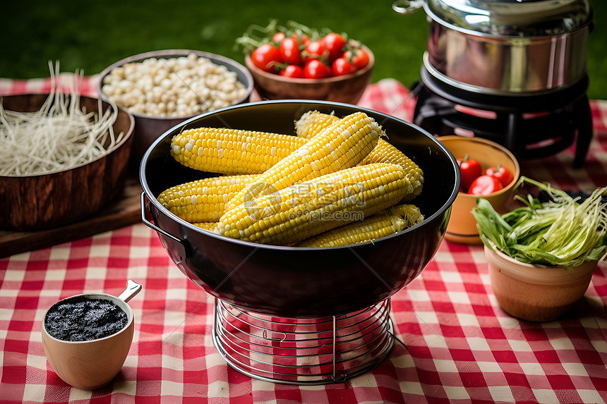 野餐垫上的玉米图片