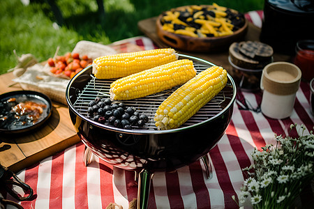 烧烤炉上的玉米背景图片