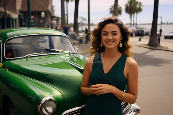 女人站在绿色车边微笑图片