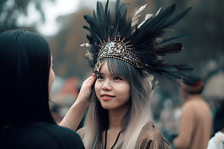 戴羽毛头饰的女人图片