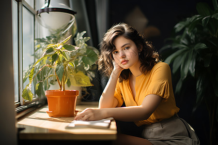 花坛旁的女人背景图片