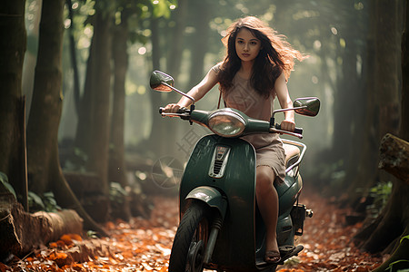 落叶中美女森林中的摩托车女骑士背景