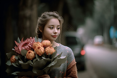 女人手持一束花图片