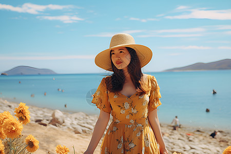 夏日海滩的黄裙女子图片