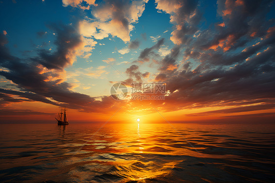 夕阳下的海船图片