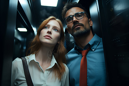 升降电梯升降机内的一男一女背景