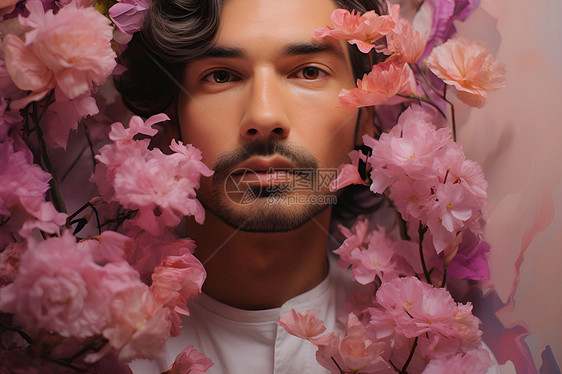 紫红花朵间英俊男士图片
