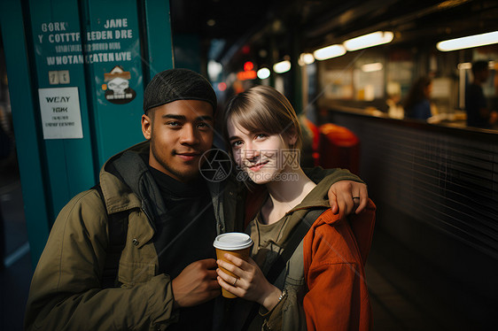 异国情侣共饮咖啡图片