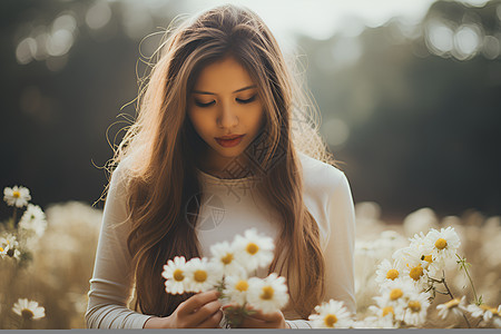 白雏菊中的女子背景图片