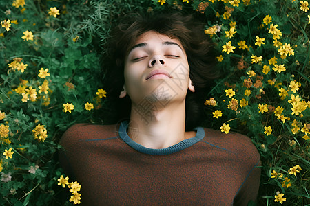 青年躺在花草丛中图片