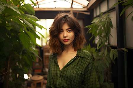 女子站在绿色植物前图片