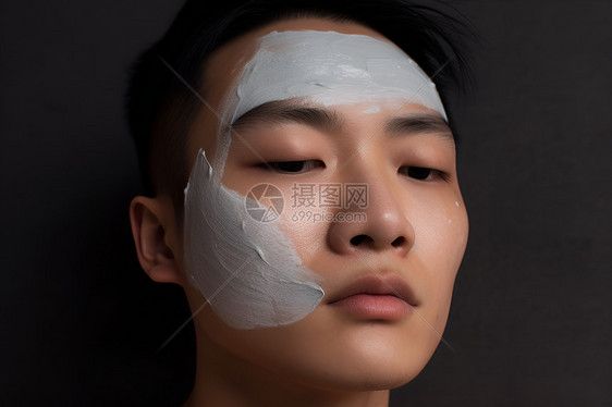 男子脸颊上带着黏土面具图片