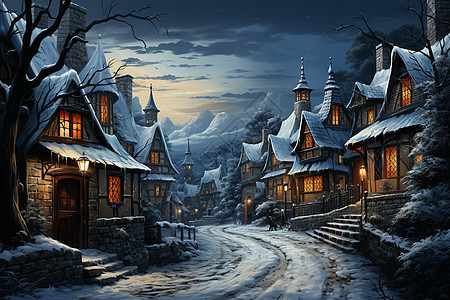 冬日童话村中的景色背景图片