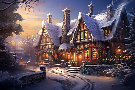 浪漫雪夜中的温馨小屋图片