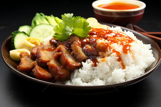 美味的猪肉和米饭图片