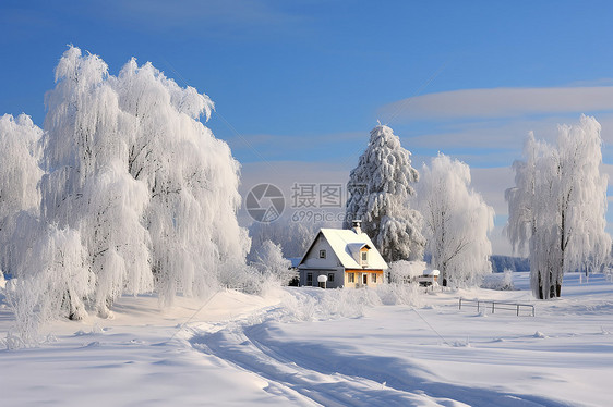 冰雪中的乡村小屋图片